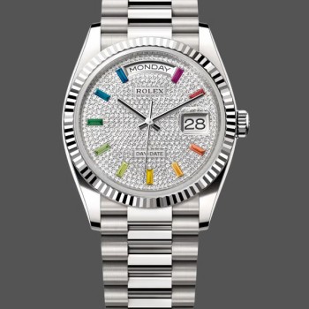 Replique Rolex Day Date 36-128239 0016 unisexe, or blanc, cadran diamant arc-en-ciel pavé, cadran diamant