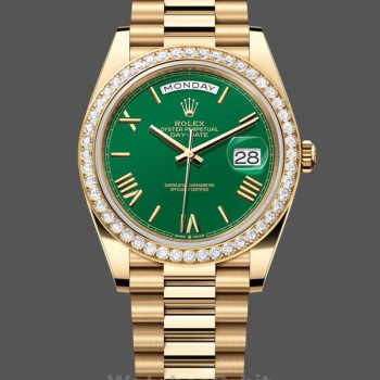 Replique Hommes - Rolex Day Date 40-M228348RBR 0040, Or jaune 18K, Cadran vert, Lunette diamant, Vert Hommes