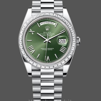 Replique Hommes - Rolex Day Date 40-M228396TBR 0020, platine, cadran vert olive, lunette diamant, vert