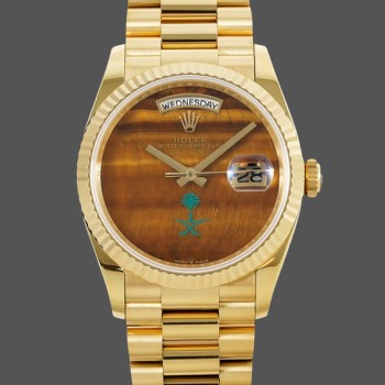 Replique Rolex Day-Date 36-36mm pour femme, miroir saphir, cadran oeil de tigre, President, cadran jaune