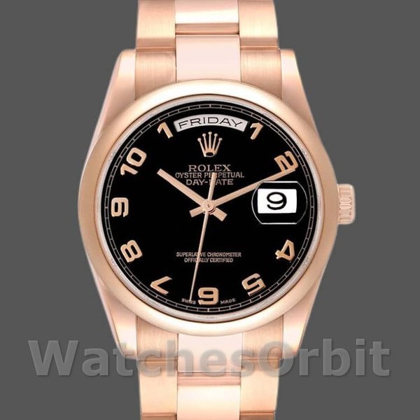 Replique Rolex President Day-Date 36mm Unisex-118205-Rose Gold-Black Dial Noir