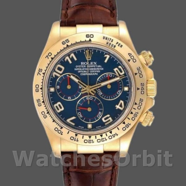 Replique Hommes Rolex Cosmograph Daytona 40mm Hommes-116518-Yellow Gold-Blue Dial Blue