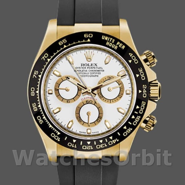 Replique Hommes Rolex Cosmograph Daytona 40mm Hommes-116518LN-Cadran blanc-Bracelet caoutchouc noir Blanc