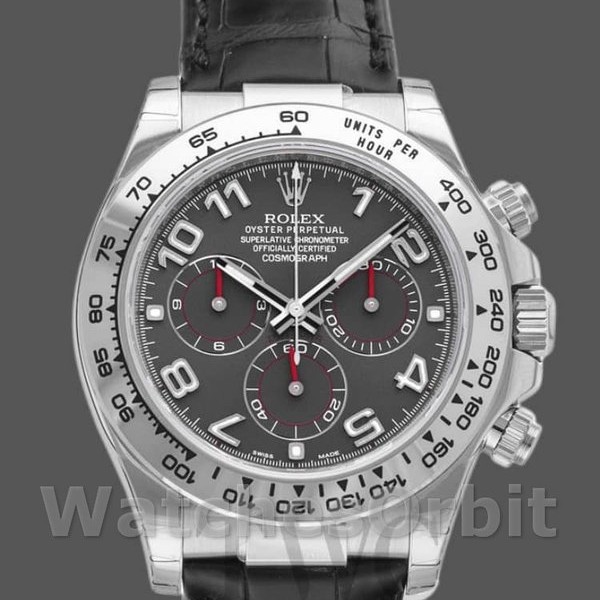 Replique Hommes Rolex Cosmograph Daytona 40mm Hommes-116519-Cadran gris-Bracelet cuir noir Gris