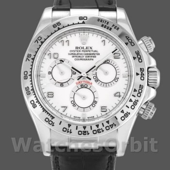 Replique Hommes Rolex Daytona 40mm Men's-116519-White Arabic Dial-Black Leather Strap White Arabic