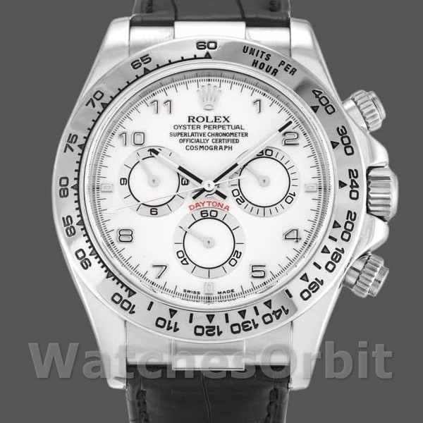 Replique Hommes Rolex Daytona 40mm Men's-116519-White Arabic Dial-Black Leather Strap White Arabic