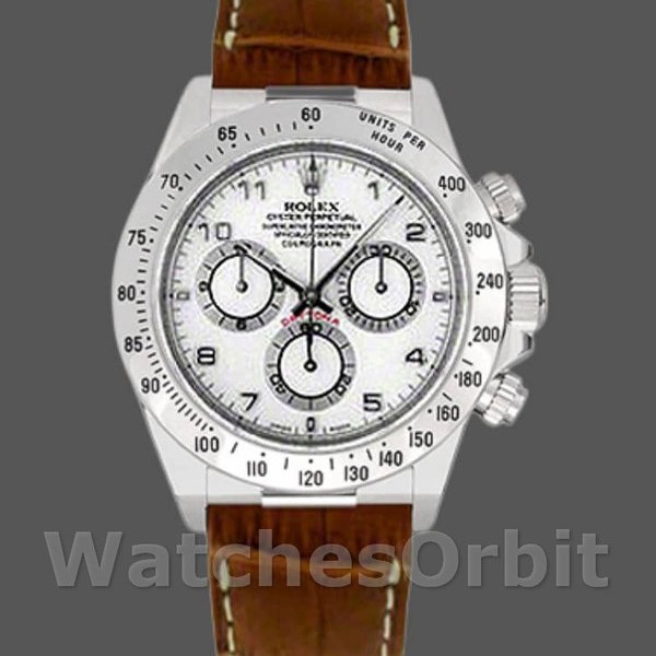 Replique Hommes Rolex Daytona 40mm Men's-116519-White Arabic Dial-Brown Leather Strap White