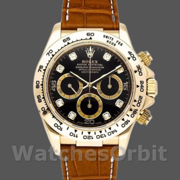 Replique Hommes Rolex Daytona 40mm Hommes-16518-Cadran diamant noir-Bracelet cuir noir