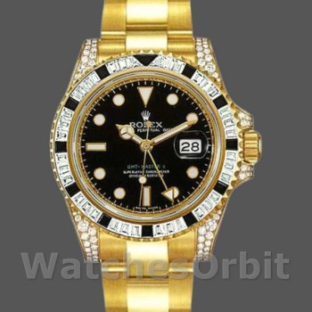 Replique Hommes Rolex GMT-Master II 40mm Hommes-116758-Or jaune-cadran noir-diamants noir