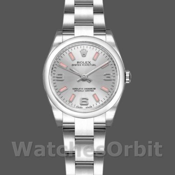 Replique Rolex Oyster Perpetual 26mm Femme-176200-Cadran argenté-Marqueurs lumineux roses Argenté
