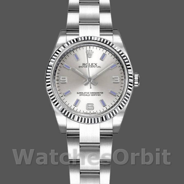 Replique Rolex Oyster Perpetual 26mm Femme-176234-Cadran argenté-Baton bleu argenté