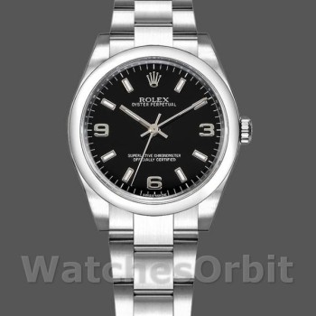 Replique Rolex Oyster Perpetual 31mm Femme-177200-Noir Cadran Arabe-Noir Lunette Bombée Noir