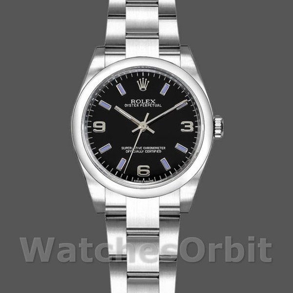 Replique Rolex Oyster Perpetual 31mm Femmes-177200-Cadran noir-Baton bleu Noir