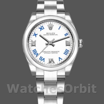 Replique Rolex Oyster Perpetual 31mm Femmes-177200-Cadran blanc-Bracelet romain-Oyster bleu Blanc