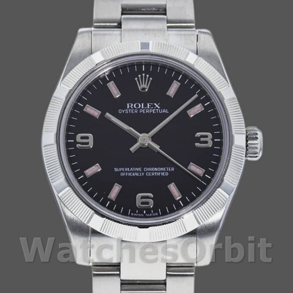 Replique Rolex Oyster Perpetual 31mm Femmes-177210-Cadran noir-Pink Baton Black
