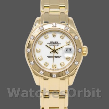 Replique Rolex Pearlmaster 29mm Femme-80318-Or jaune-cadran blanc Luxe