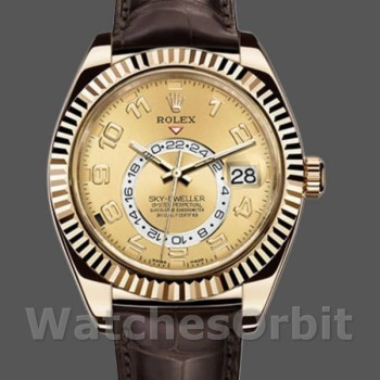 Replique Hommes Rolex Sky-Dweller 42mm Hommes-326138-Champagne Arabic Dial-Yellow Gold Champagne