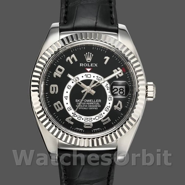 Replique Hommes Rolex Sky-Dweller 42mm Hommes-326139-Cadran noir-Bracelet cuir noir