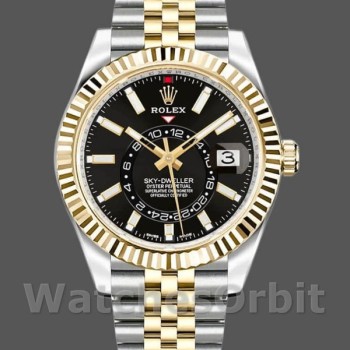 Replique Hommes Rolex Sky-Dweller 42mm Hommes-326933-Acier inoxydable et or jaune-cadran noir Noir<br />