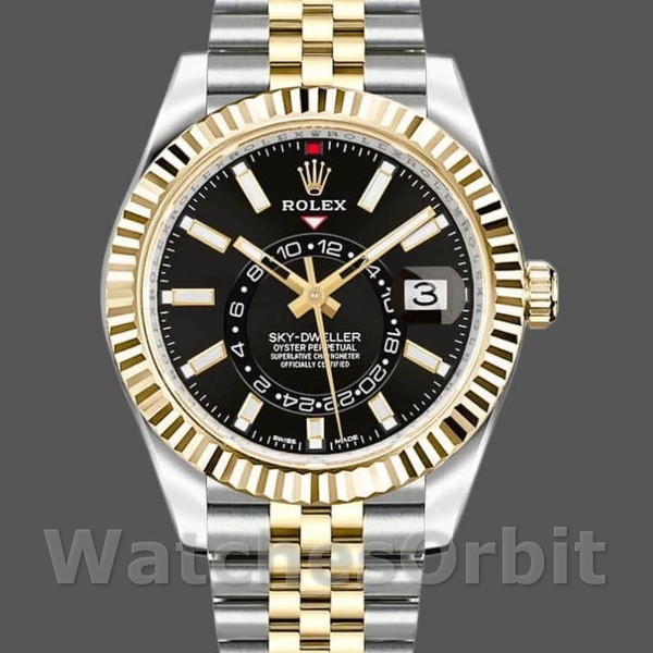 Replique Hommes Rolex Sky-Dweller 42mm Hommes-326933-Acier inoxydable et or jaune-cadran noir Noir<br />
