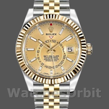 Replique Hommes Rolex Sky-Dweller 42mm Hommes-326933-Acier inoxydable et or jaune-Cadran champagne Champagne