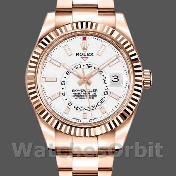 Replique Hommes Rolex Sky-Dweller 42mm Hommes-326935-Rose Gold-White Dial White White