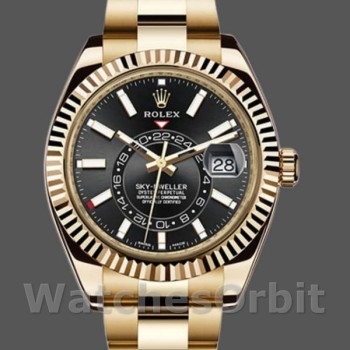 Replique Hommes Rolex Sky-Dweller 42mm Hommes-326938-Yellow Gold-Black Dial Black