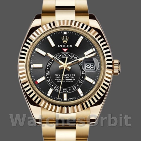 Replique Hommes Rolex Sky-Dweller 42mm Hommes-326938-Yellow Gold-Black Dial Black