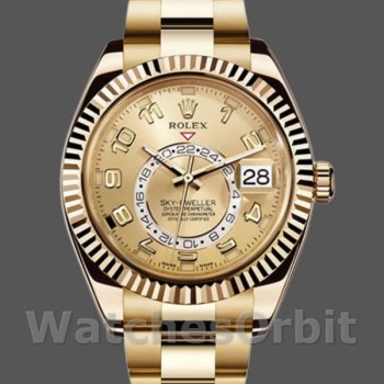Replique Hommes Rolex Sky-Dweller 42mm Hommes-326938-Or jaune-Champagne Cadran arabe Champagne<br />