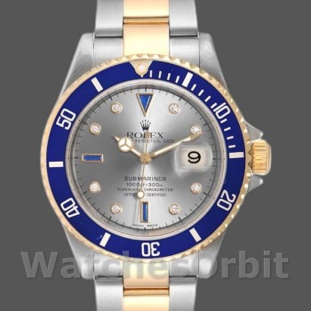 Replique Hommes Rolex Submariner 40mm Hommes-16613-Steel & Gold-Diamond Sapphire Serti Dial Silver Serti <br />