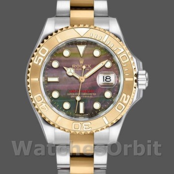 Replique Rolex Yacht-Master 35mm Unisex-168623-acier et or jaune-cadran noir MOP noir